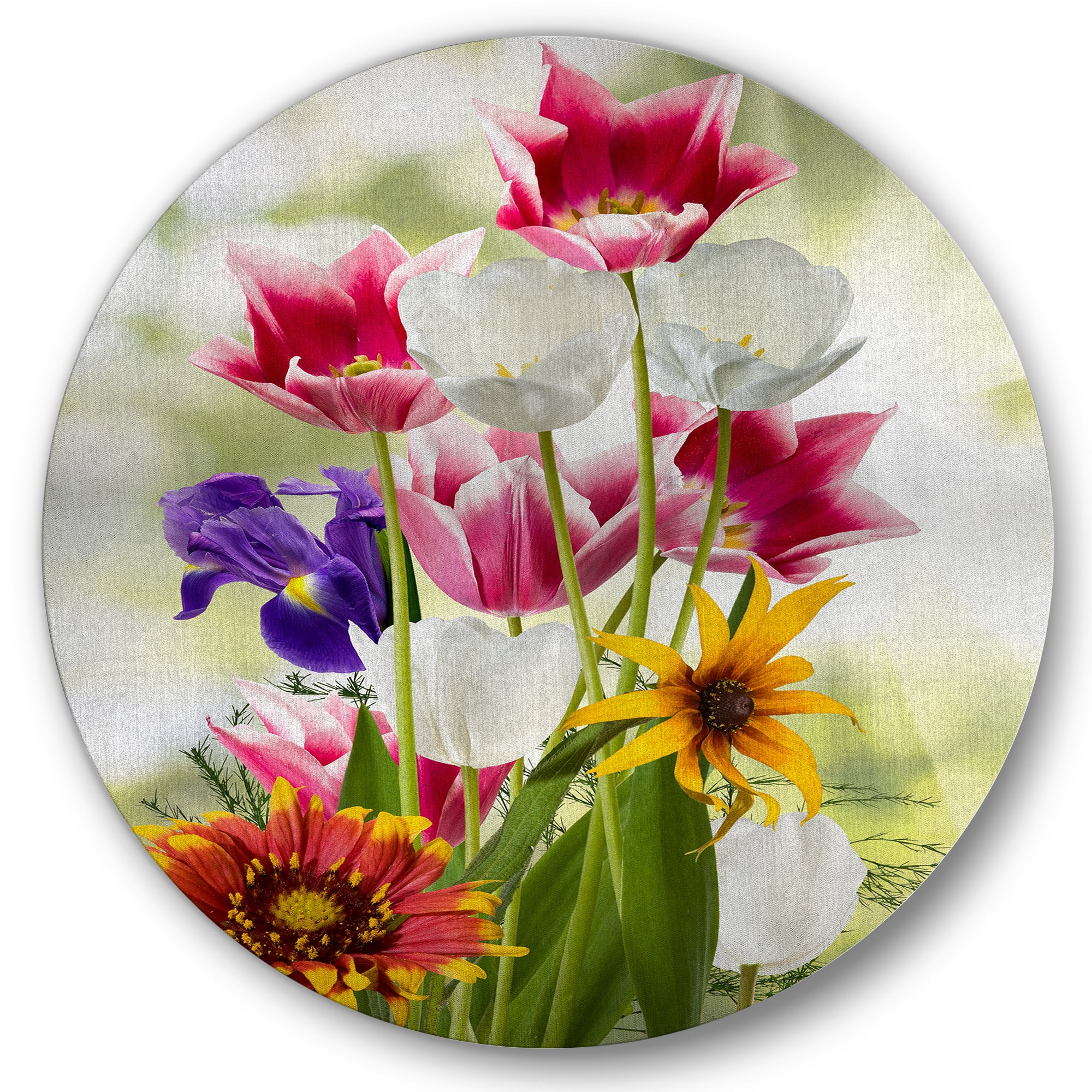 Designart 'Vibrant Purple Red and Yellow Wildflowers' Traditional Circle Metal Wall Art 29x29 - Disc of 29