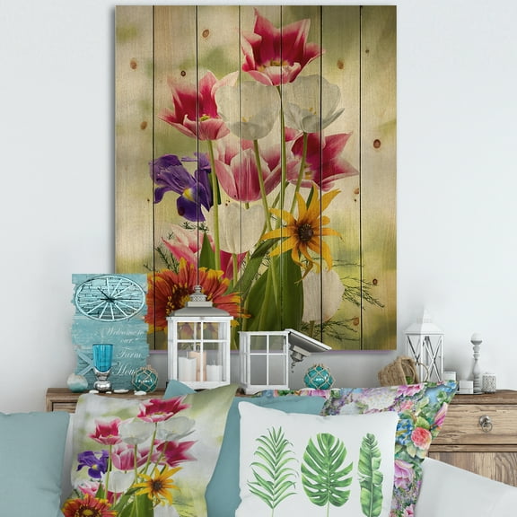 Designart 'Vibrant Purple Red and Yellow Wildflowers' Traditional Print on Natural Pine Wood