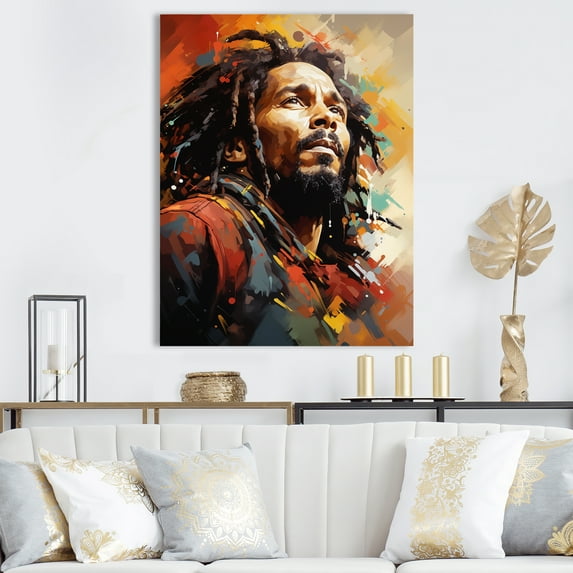 Designart "Vibrant Raga Bob Marley Portrait I" Fashion Canvas Wall Art - Glam Black Pop Art Bedroom Canvas Wall Art