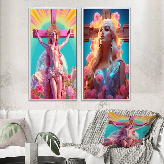 Designart "Vibrant Rainbow Barbie Jesus Symbol of Joy VI" Christianism Framed Wall Art Set Of 2 - Traditional Pink Frame Gallery Set For Office Decor