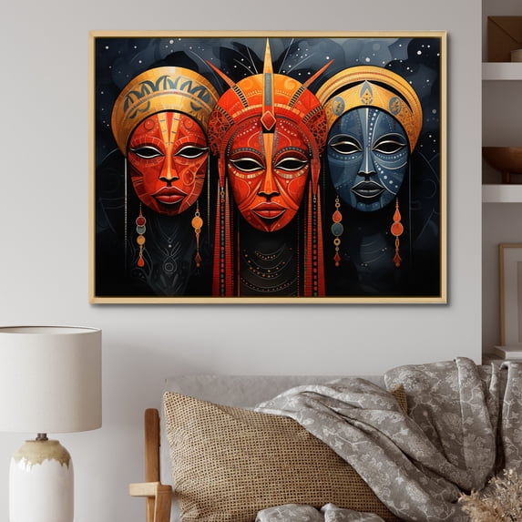 Designart "Vibrant Red African Masks II" African Tribes Floater Framed Wall Decor
