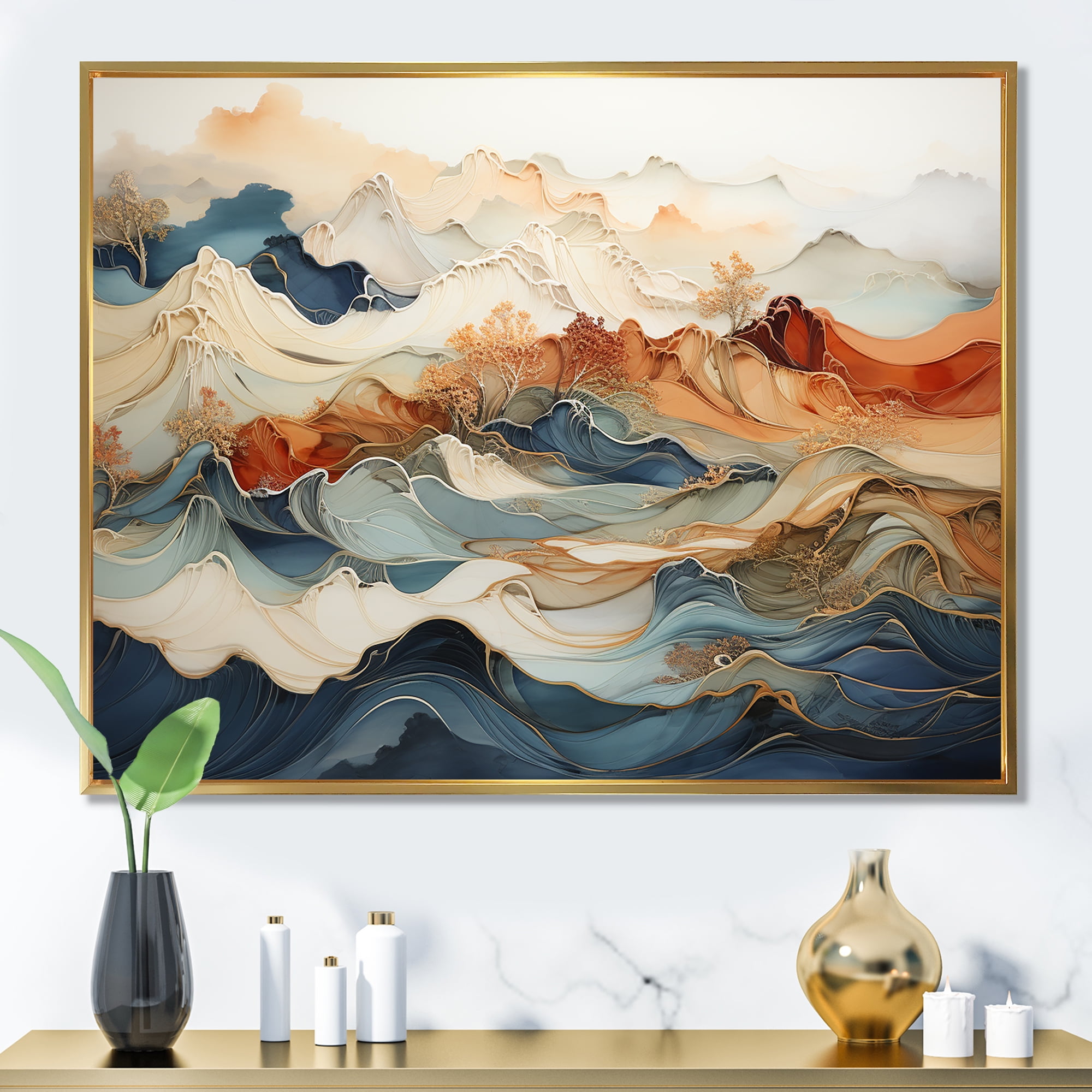 Large Gold Framed Abstract Canvas Art in Blue and Orange