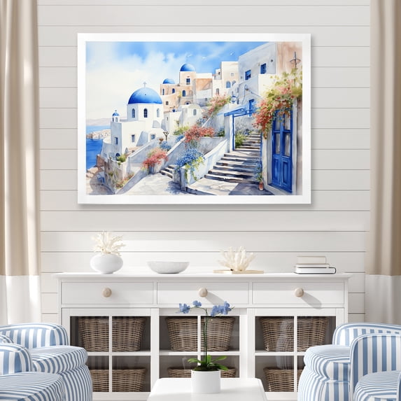 Designart "Vibrant Santorini Village Blue and White I" Landscapes Framed Wall Art Decor - Country Blue Greece Hallway Framed Wall Art Decor