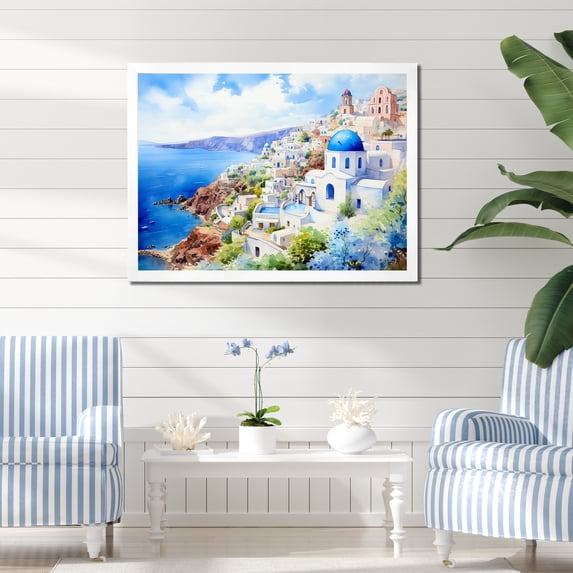 Designart "Vibrant Santorini Village Blue and White III" Landscapes Framed Wall Art Decor - Country Blue Greece Entryway Framed Wall Art Print