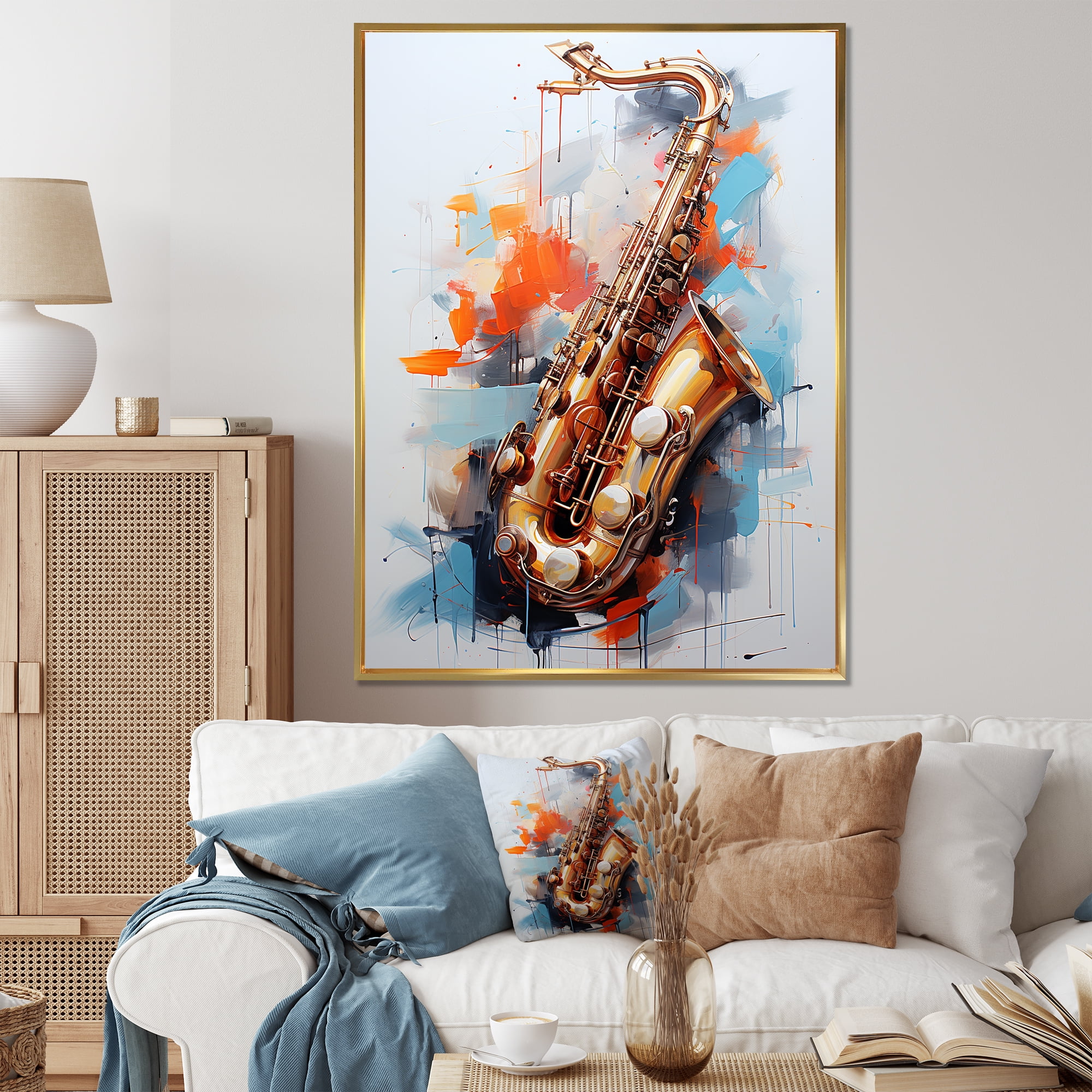 Designart "Vibrant Saxophone Rhythm in Yellow" Music Framed Wall Art