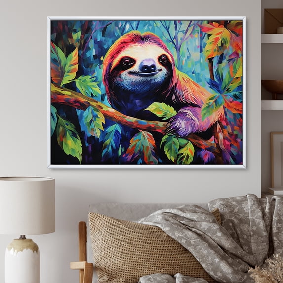 Designart "Vibrant Sloth Artistry I" Sloth Floater Framed Wall Art Living Room