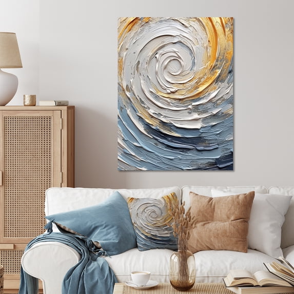 Designart "Vibrant Spirals in Gold and Blue V" Abstract Spirals Metal Art Living Room