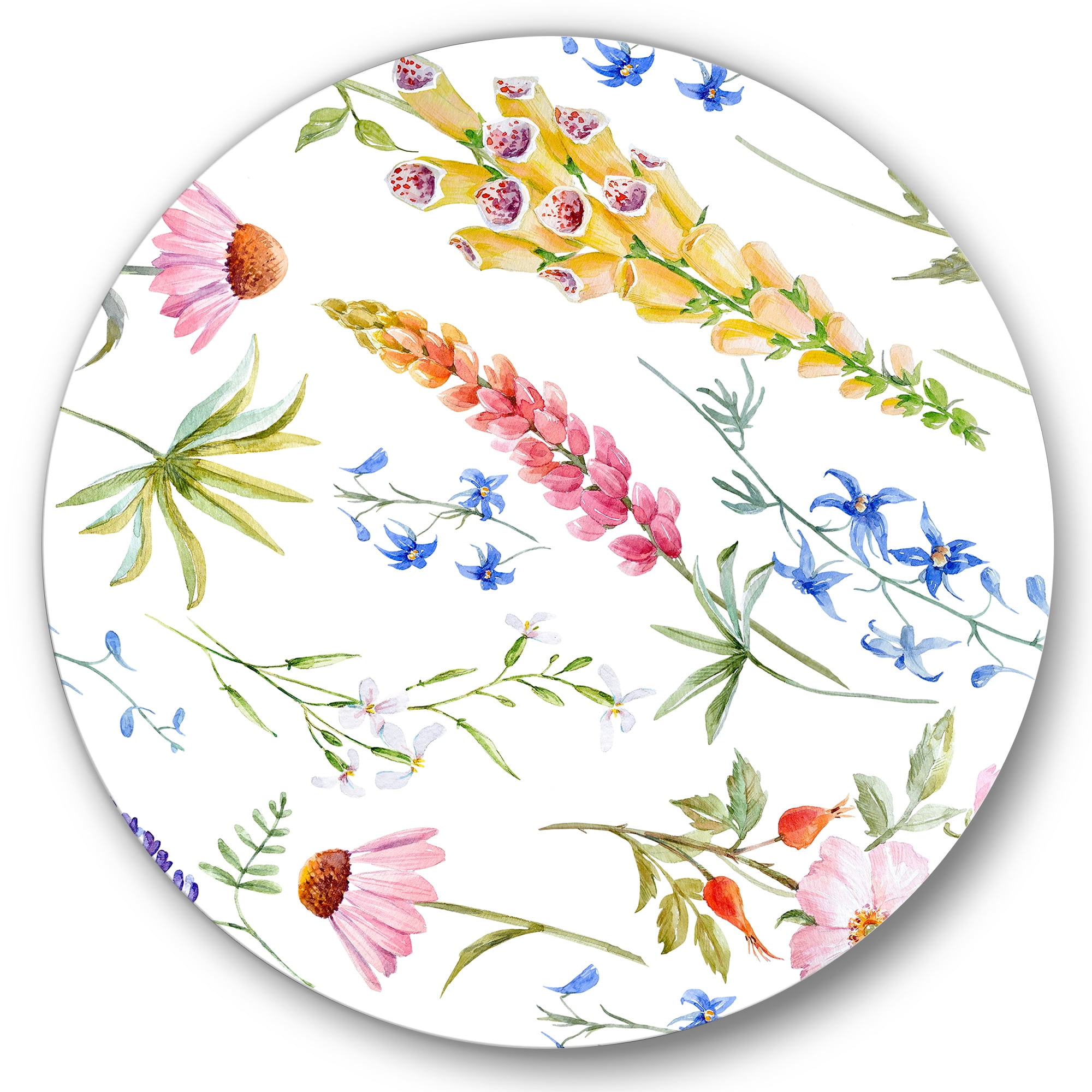 Designart 'Vibrant Summer Wildflowers On White I' Traditional Circle Metal Wall Art 11x11 - Disc of 11