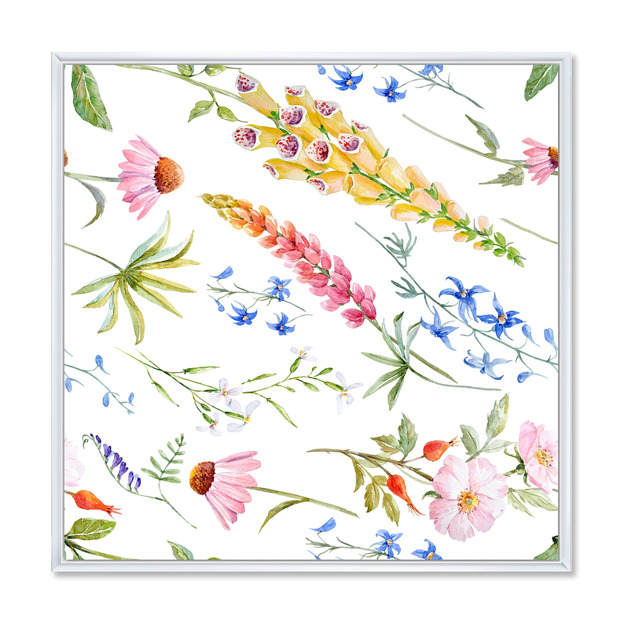 Designart 'Vibrant Summer Wildflowers On White I' Traditional Framed Canvas Wall Art Print