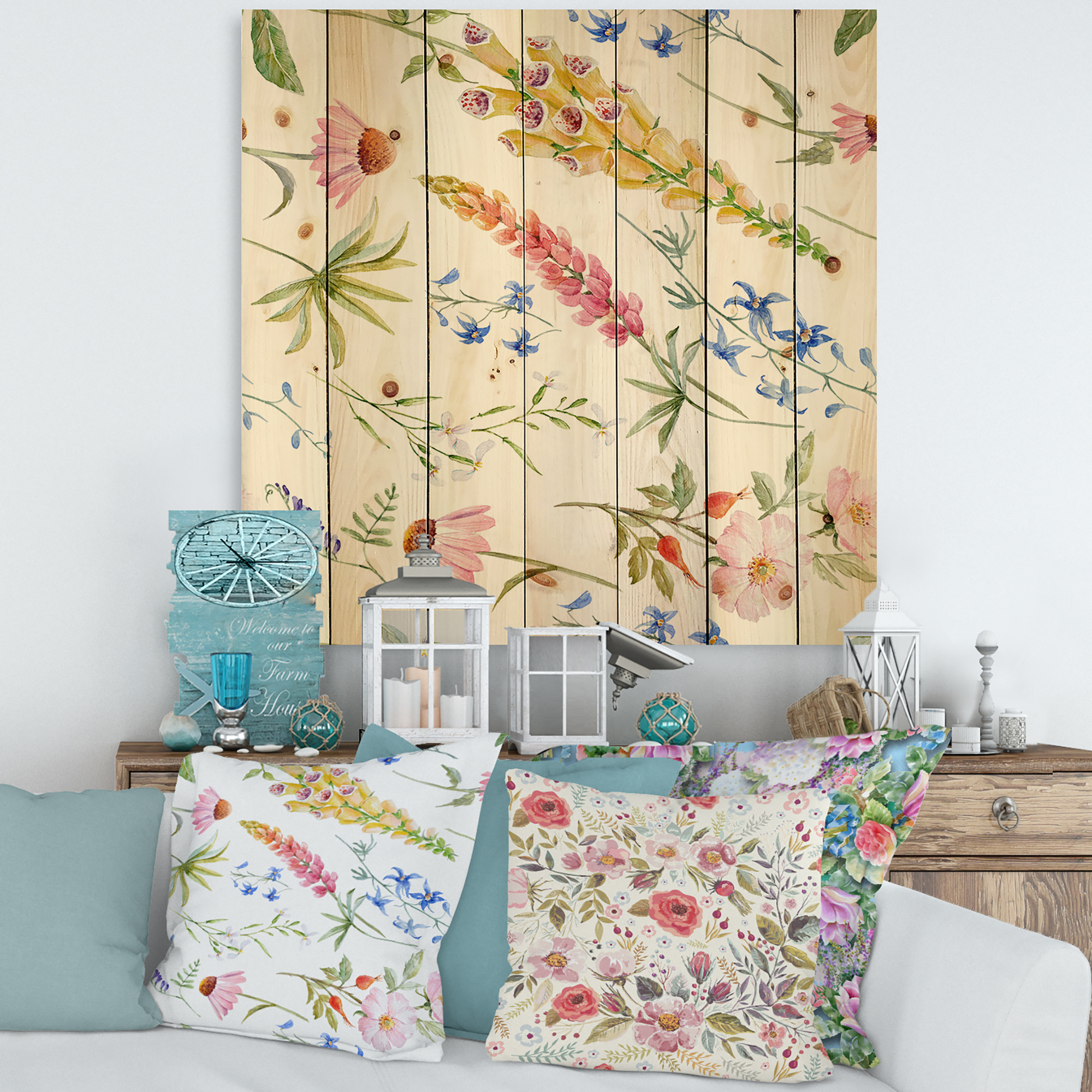 Designart 'Vibrant Summer Wildflowers On White I' Traditional Print on Natural Pine Wood
