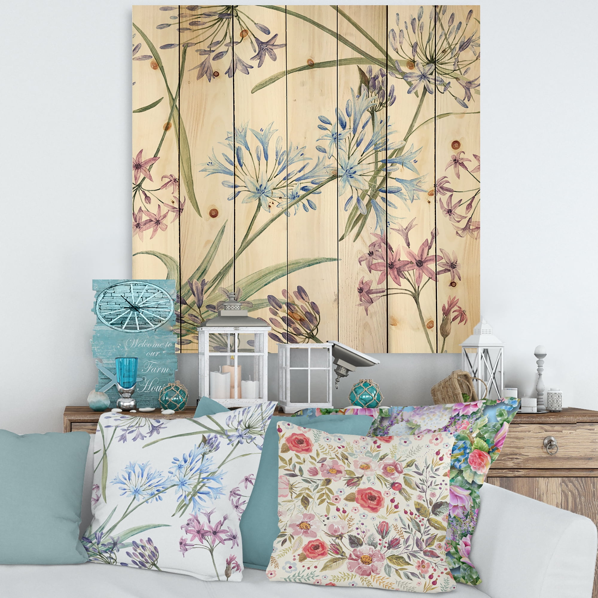 Designart 'Vibrant Summer Wildflowers On White II' Traditional Print on Natural Pine Wood