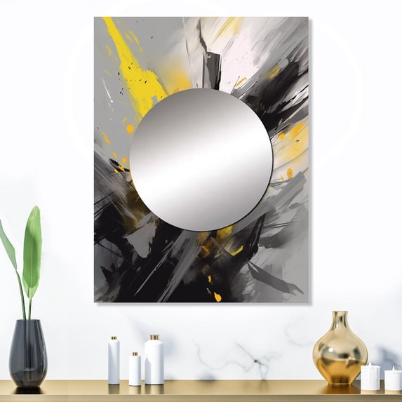 Designart "Vibrant Swirls Yellow and Grey II" Modern Geometric Mirror Wall Decor - Modern Yellow Abstract Mirror Wall Art For Entryway - 32" x 24" Inch