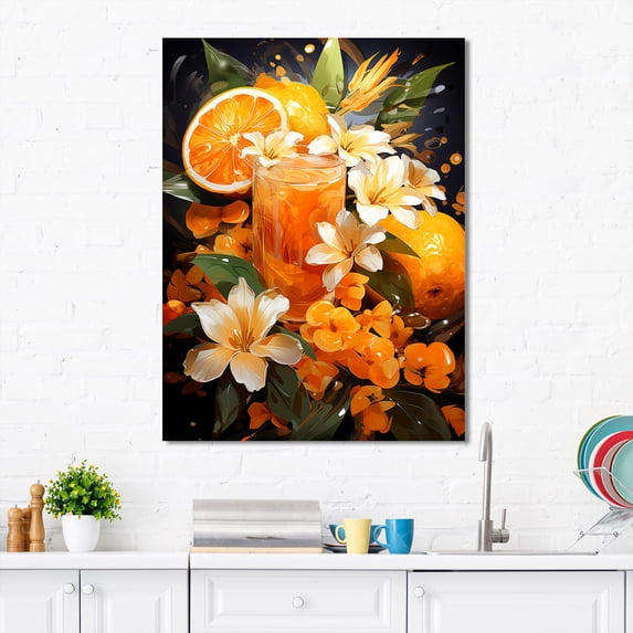 Designart "Vibrant Tangerine Cocktail Sunset in Orange I" Food & Beverage Canvas Wall Art - Traditional White Cocktails Hallway Wall Art Decor
