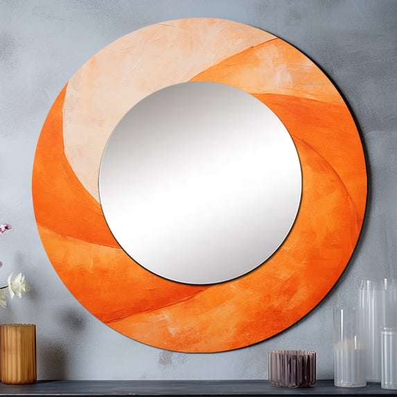 Designart "Vibrant Tangerine Coil I" Abstract Spirals Rund Mirror For Wall Decor - Large Peach Round Print Mirror - Round Modern Mirror - Wall Mounted Round Large Mirror - 23" x 23"