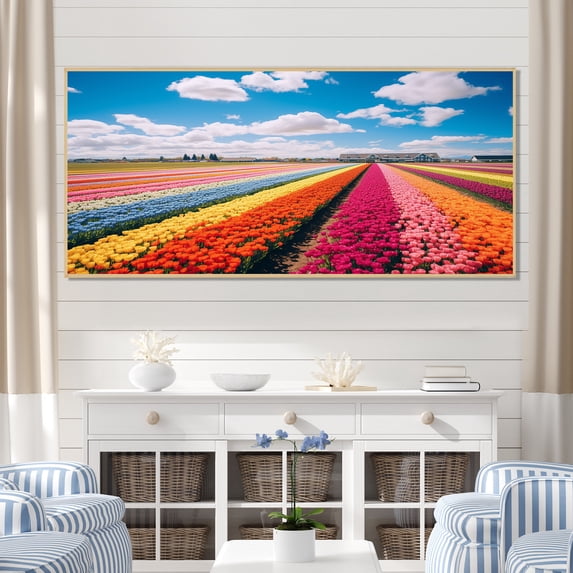 Designart "Vibrant Tulip Meadows II" Oversized Floral Framed Wall Art - Traditional Pink Tulip Bedroom Framed Canvas Wall Art