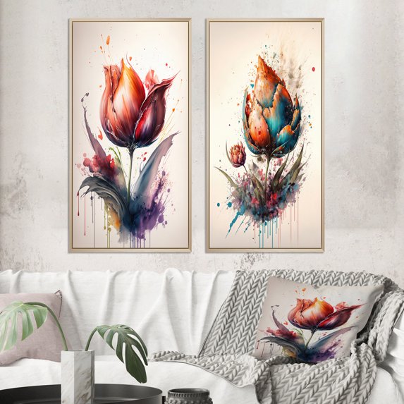 Designart "Vibrant Tulip in Technicolor III" Tulip Framed Wall Art Set Of 2 - Purple Floral Gallery Wall Frame Set For Home Decor