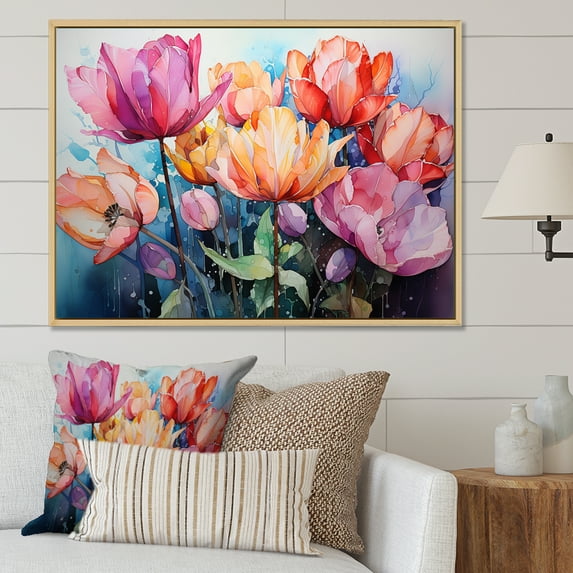 Designart "Vibrant Tulips Bursting with Energy" Tulips Floater Framed Wall Decor