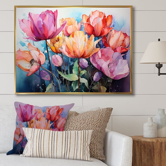 Designart "Vibrant Tulips Bursting with Energy" Tulips Floater Framed Wall Decor