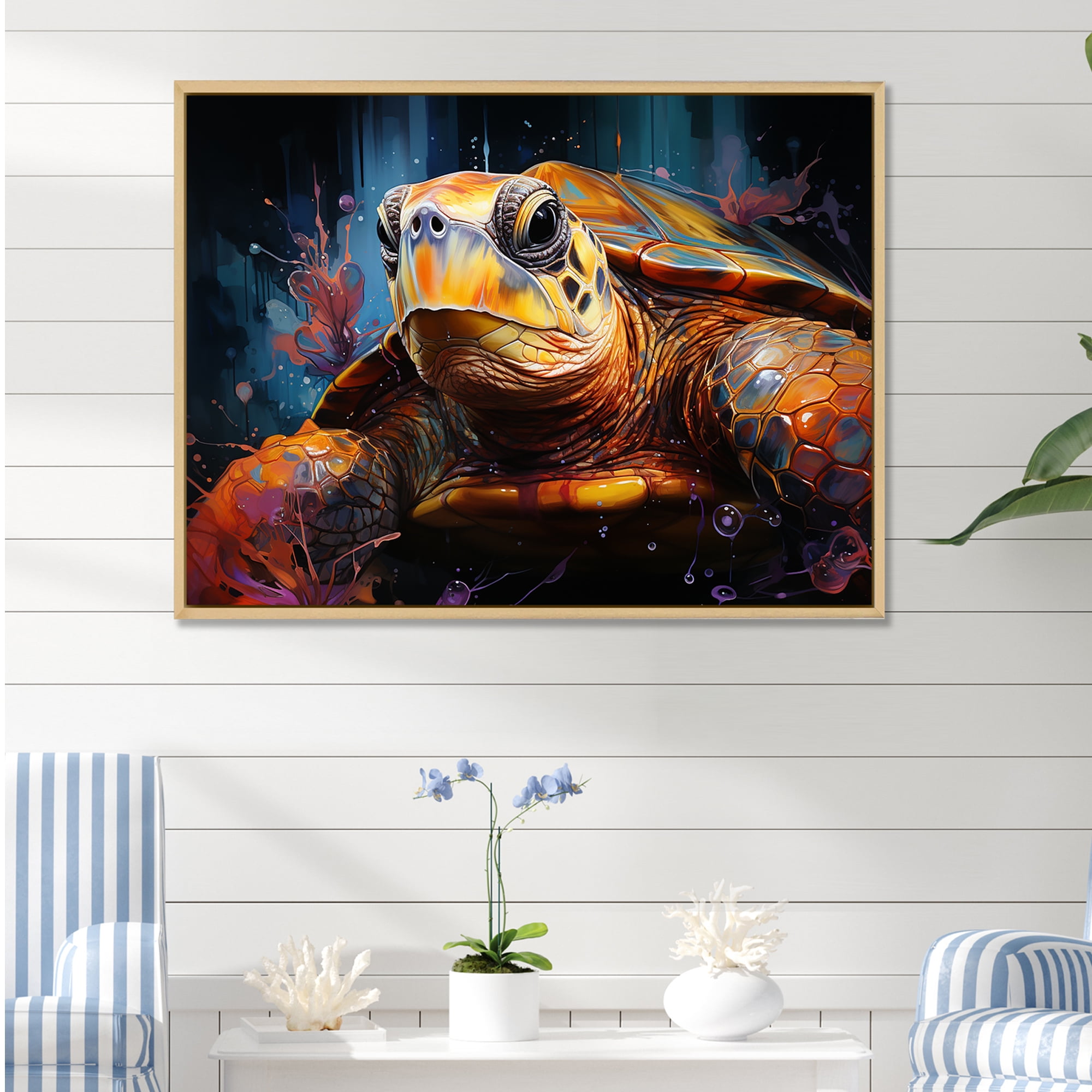 Vibrant Pop Art Turtle Print on Canvas with Maple Frame