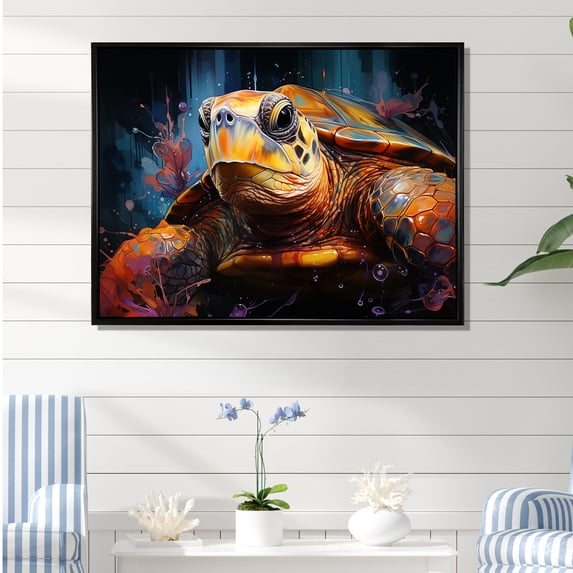Designart "Vibrant Turtle In Pop Art" Animals Turtle Floater Framed Wall Decor