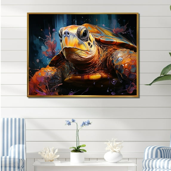 Designart "Vibrant Turtle In Pop Art" Animals Turtle Floater Framed Wall Decor
