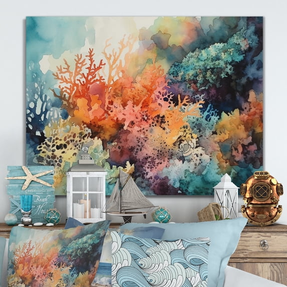 Designart "Vibrant Underwater Coral Reef I" Modern Landscape Beach Metal Art Print