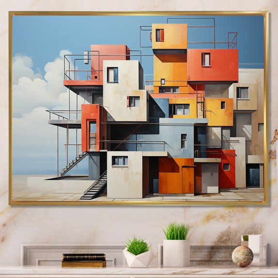 Designart "Vibrant Urban Cubism I" Abstract Landscape Floater Framed Canvas Wall Art