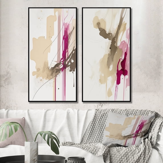 Designart "Vibrant Viva Magenta - A Touch of Life II" Abstract Liquid Ink Framed Wall Art Set Of 2 - Modern Purple Gallery Wall Frame Set For Home Decor