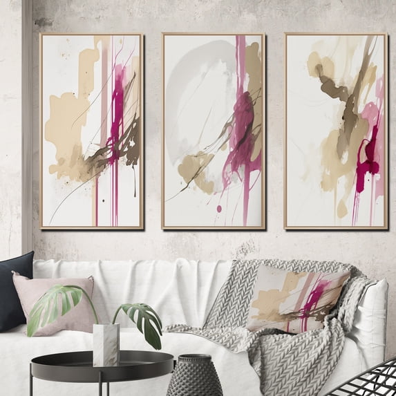 Designart "Vibrant Viva Magenta - A Touch of Life II" Abstract Liquid Ink Framed Wall Art Set Of 3 - Purple Modern Frame Canvas Set For Living Room Decor