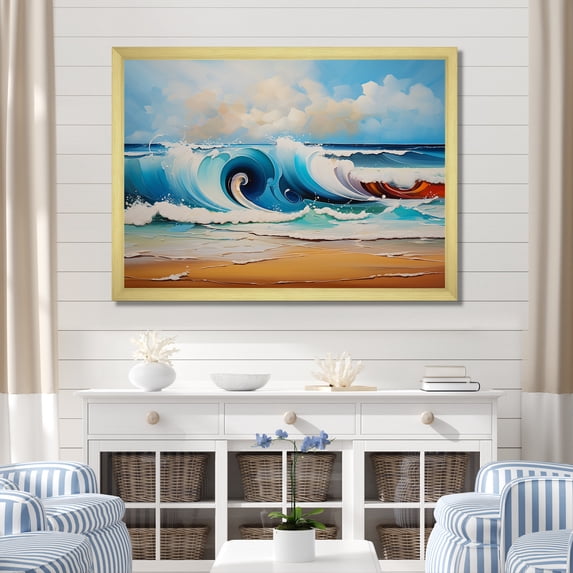 Designart "Vibrant Waves at the Beach II" Coastal Framed Wall Art Decor - Coastal Orange Coastal Waves Hallway Framed Wall Art Decor