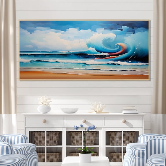 Designart "Vibrant Waves at the Beach III" Extra Large Coastal Framed Wall Art - Coastal Orange Coastal Waves Entryway Framed Wall Art Print