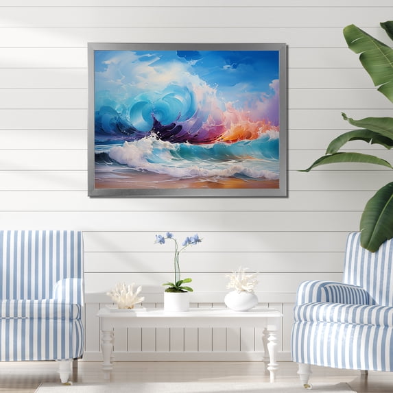 Designart "Vibrant Waves at the Beach IV" Coastal Framed Wall Art Decor - Coastal Orange Coastal Waves Entryway Framed Wall Art Print