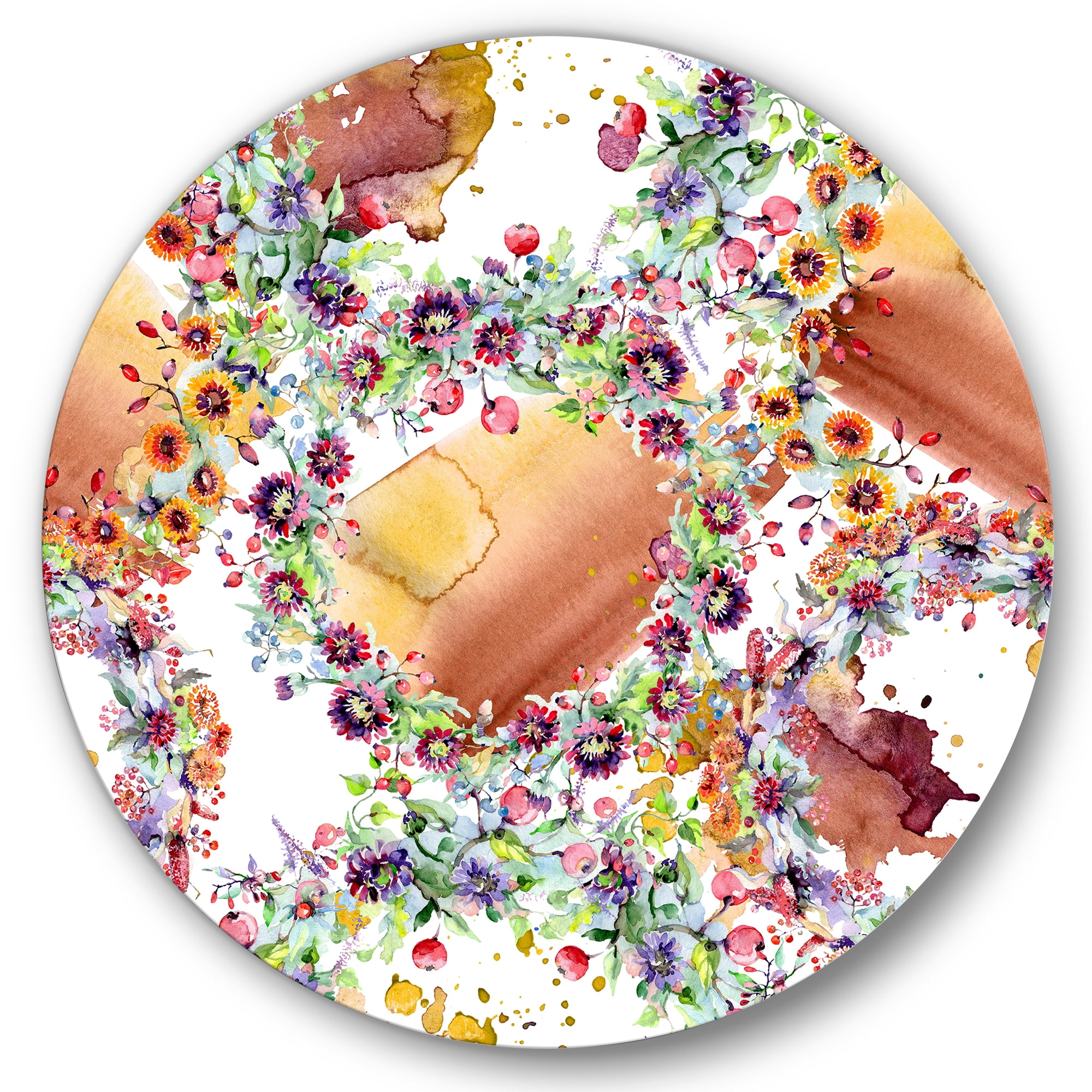 Designart 'Vibrant Wild Spring Leaves, Berries and Wildflowers' Modern Circle Metal Wall Art 23x23 - Disc of 23