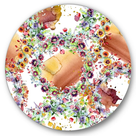 Designart 'Vibrant Wild Spring Leaves, Berries and Wildflowers' Modern Circle Metal Wall Art 23x23 - Disc of 23
