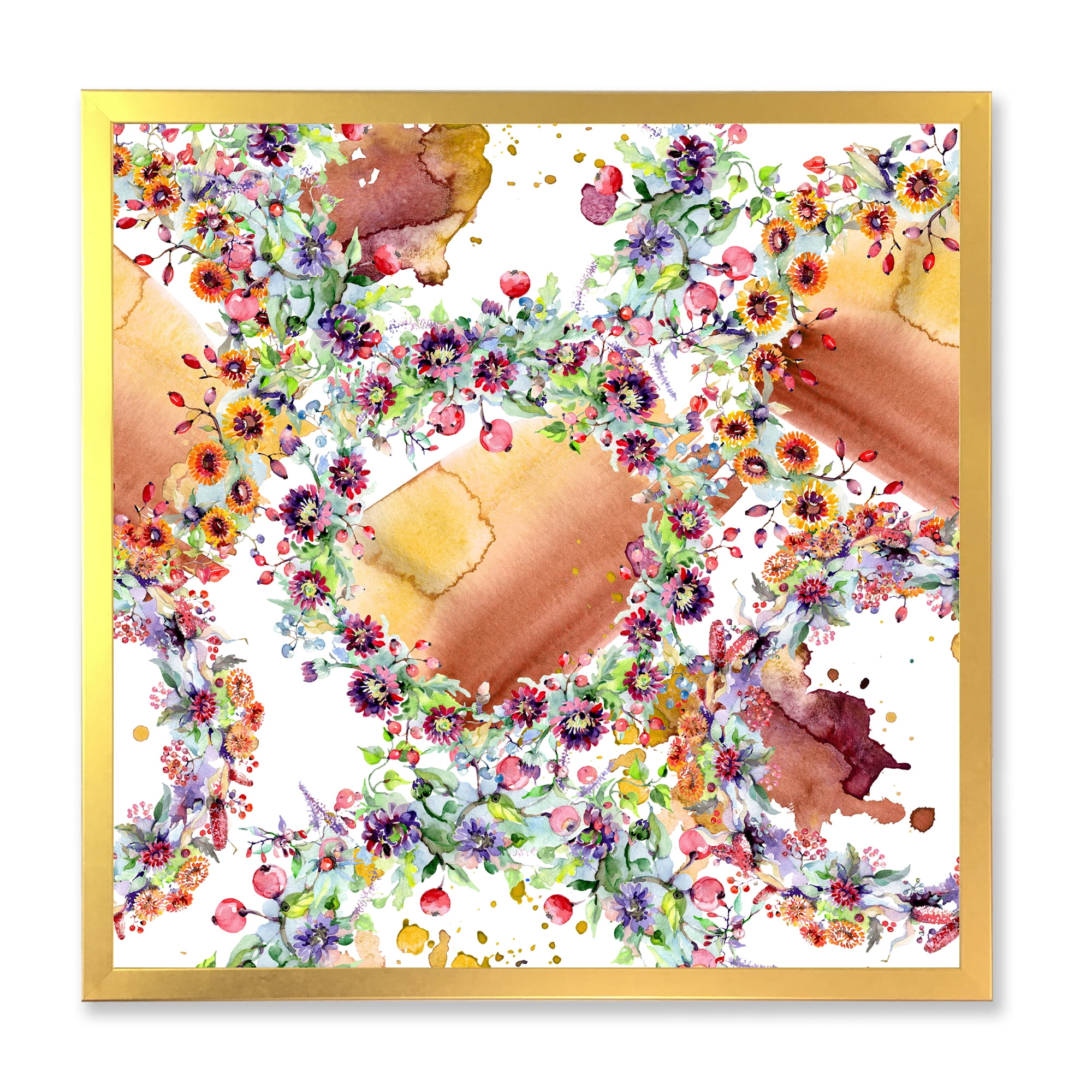 Designart 'Vibrant Wild Spring Leaves, Berries and Wildflowers' Modern Framed Art Print