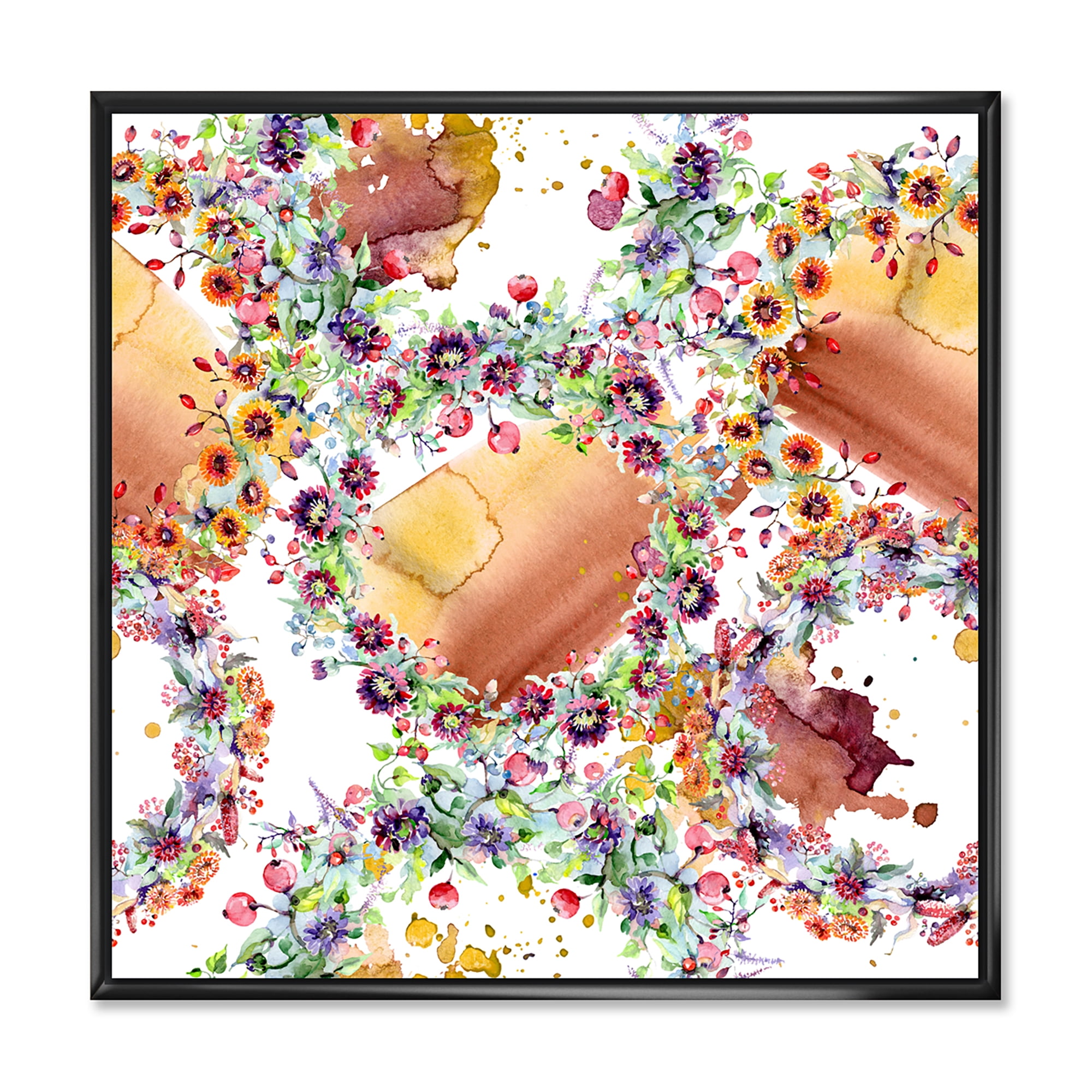 Designart 'Vibrant Wild Spring Leaves, Berries and Wildflowers' Modern Framed Canvas Wall Art Print