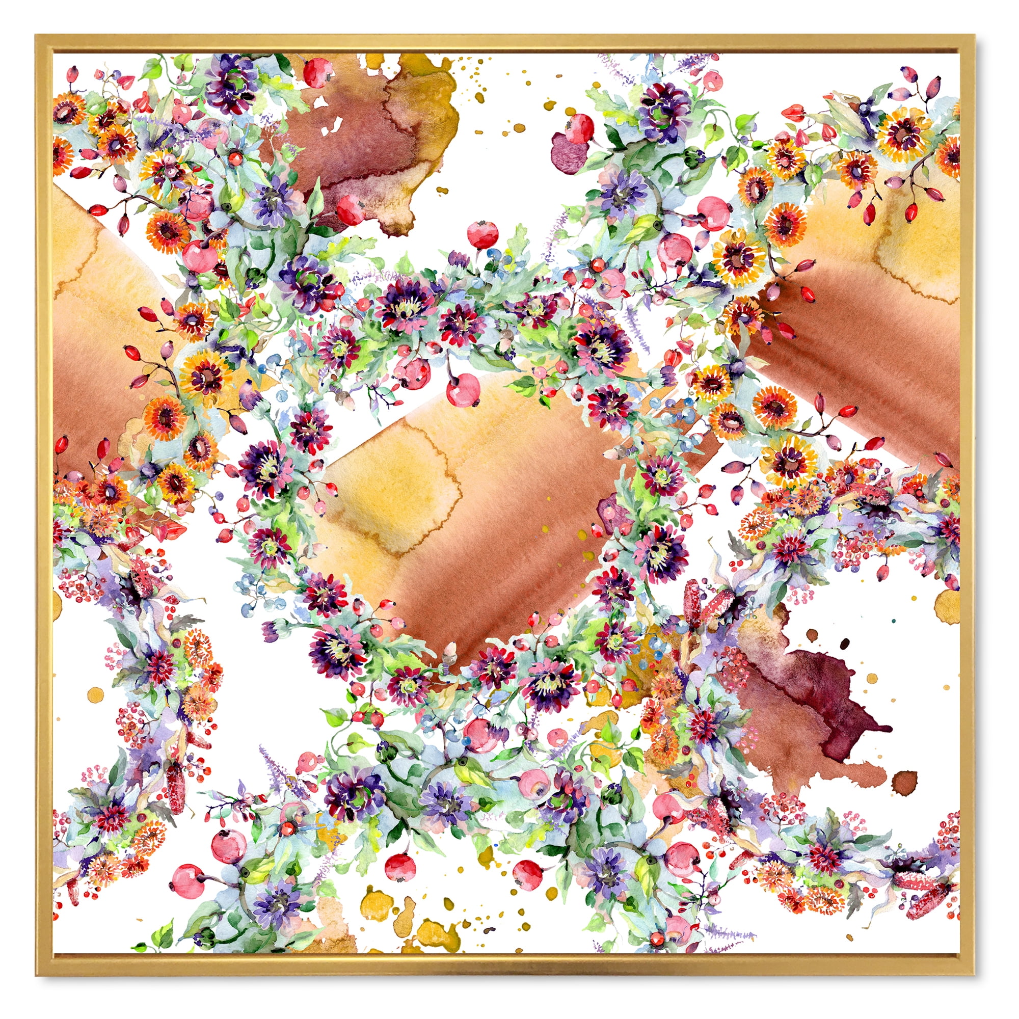 Designart 'Vibrant Wild Spring Leaves, Berries and Wildflowers' Modern Framed Canvas Wall Art Print