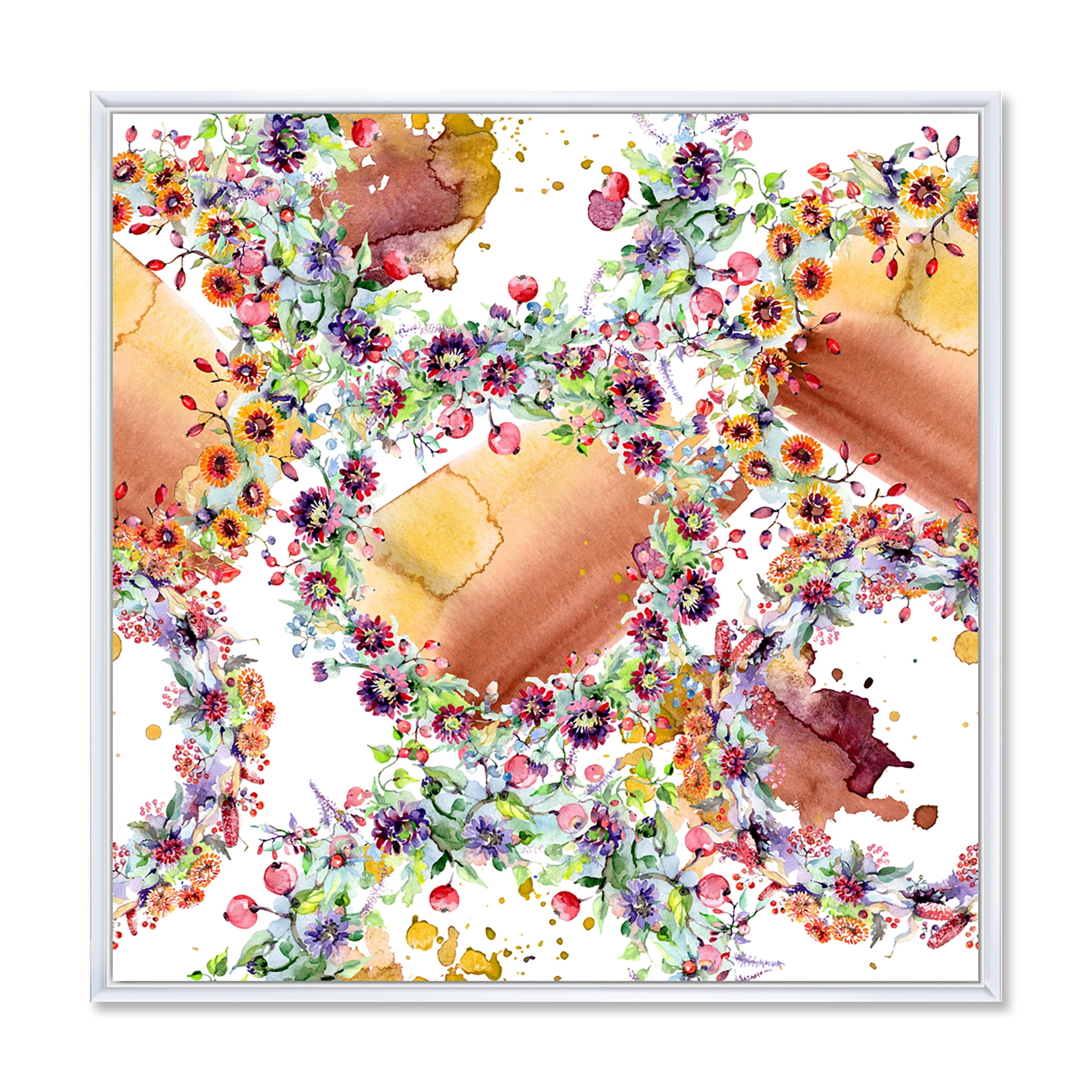 Designart 'Vibrant Wild Spring Leaves, Berries and Wildflowers' Modern Framed Canvas Wall Art Print