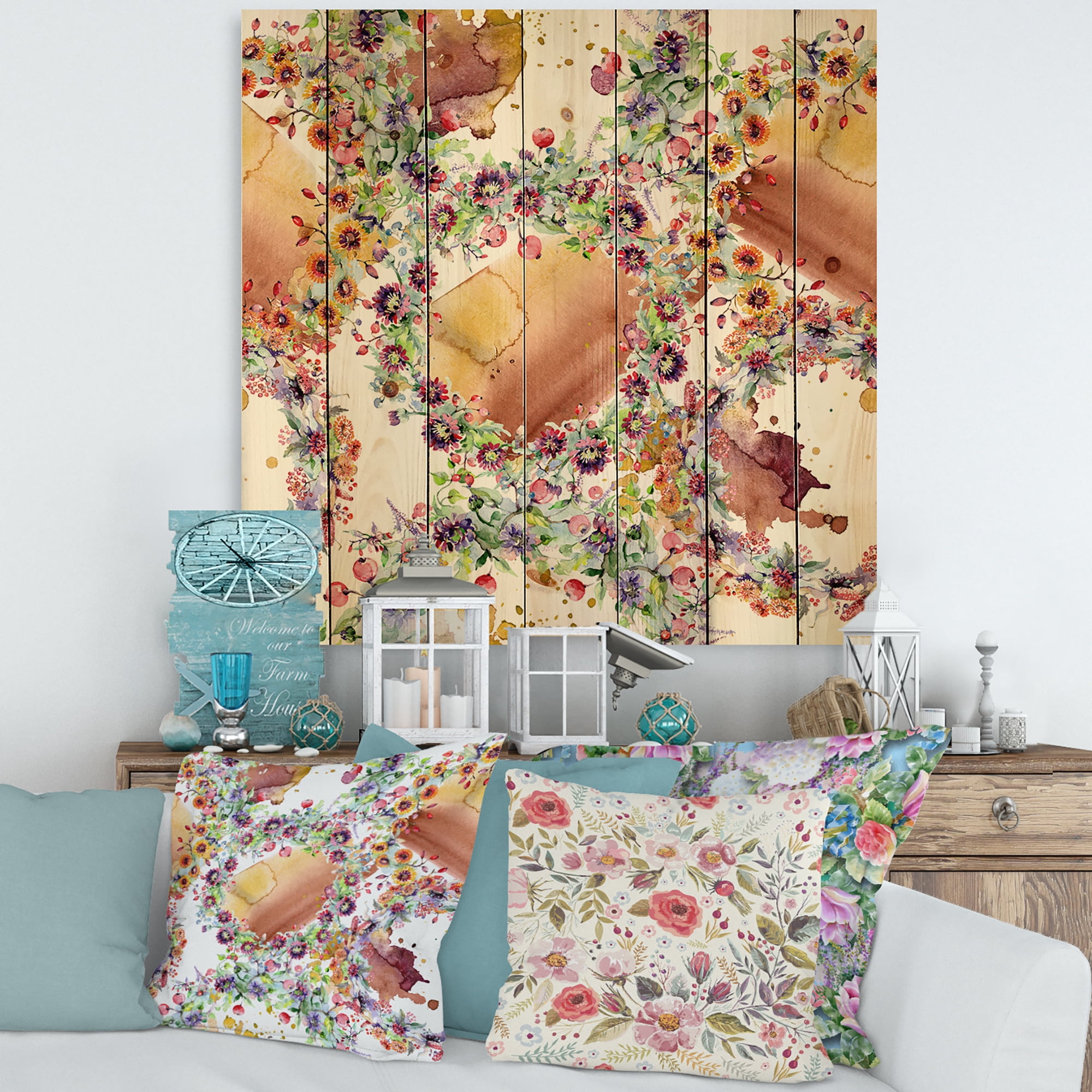 Designart 'Vibrant Wild Spring Leaves, Berries and Wildflowers' Modern Print on Natural Pine Wood