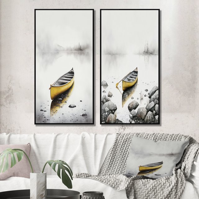 Designart "Vibrant Yellow Canoe on a Tranquil Lake I" Coastal Boat Framed Wall Art Set Of 2 - Yellow Coastal Frame Gallery Set For Office Decor