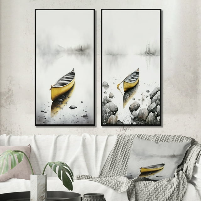 Designart "Vibrant Yellow Canoe on a Tranquil Lake I" Coastal Boat Framed Wall Art Set Of 2 - Yellow Coastal Frame Gallery Set For Office Decor