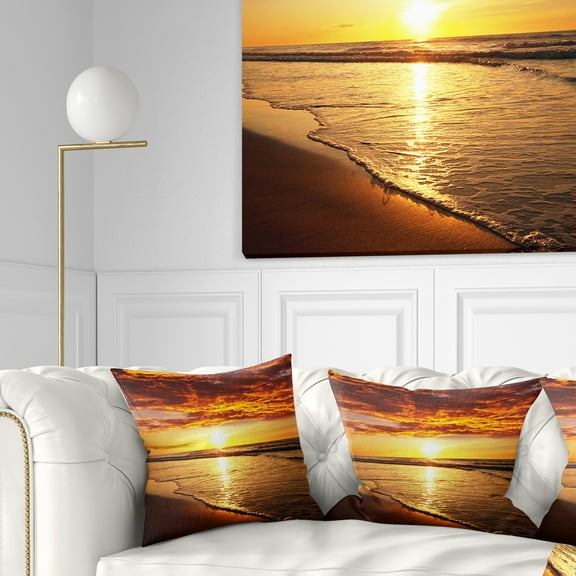 Designart Vibrant Yellow Sun and Calm Waves - Seascape Throw Pillow - 16x16