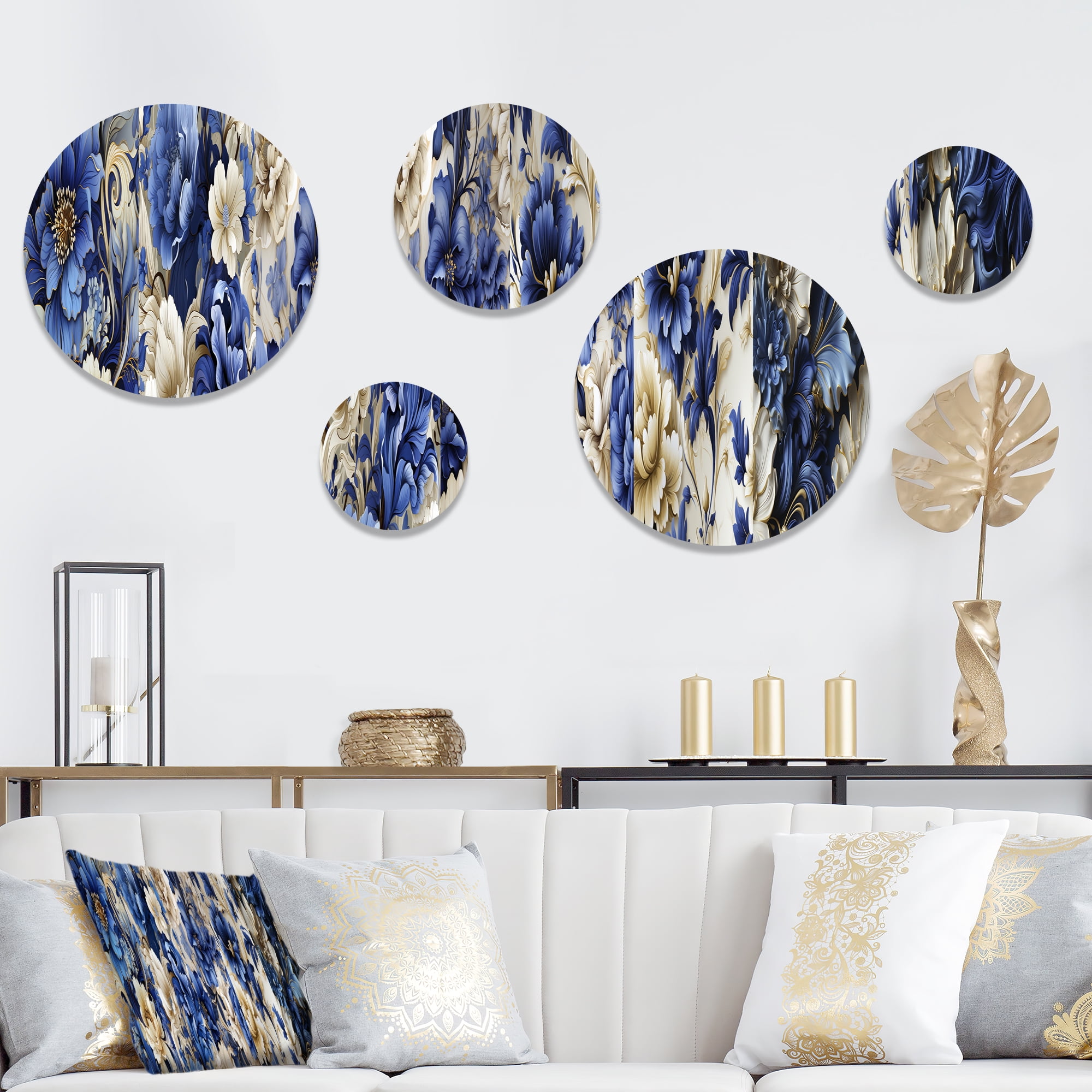 Cobalt Blue and Beige Floral Metal Wall Art Set