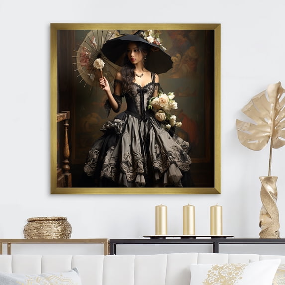Designart "Victorian Asian Woman Portrait in Pink and Black" Fashion Framed Wall Art Decor - Glam Pink Woman Victorian Living Room Framed Canvas Art