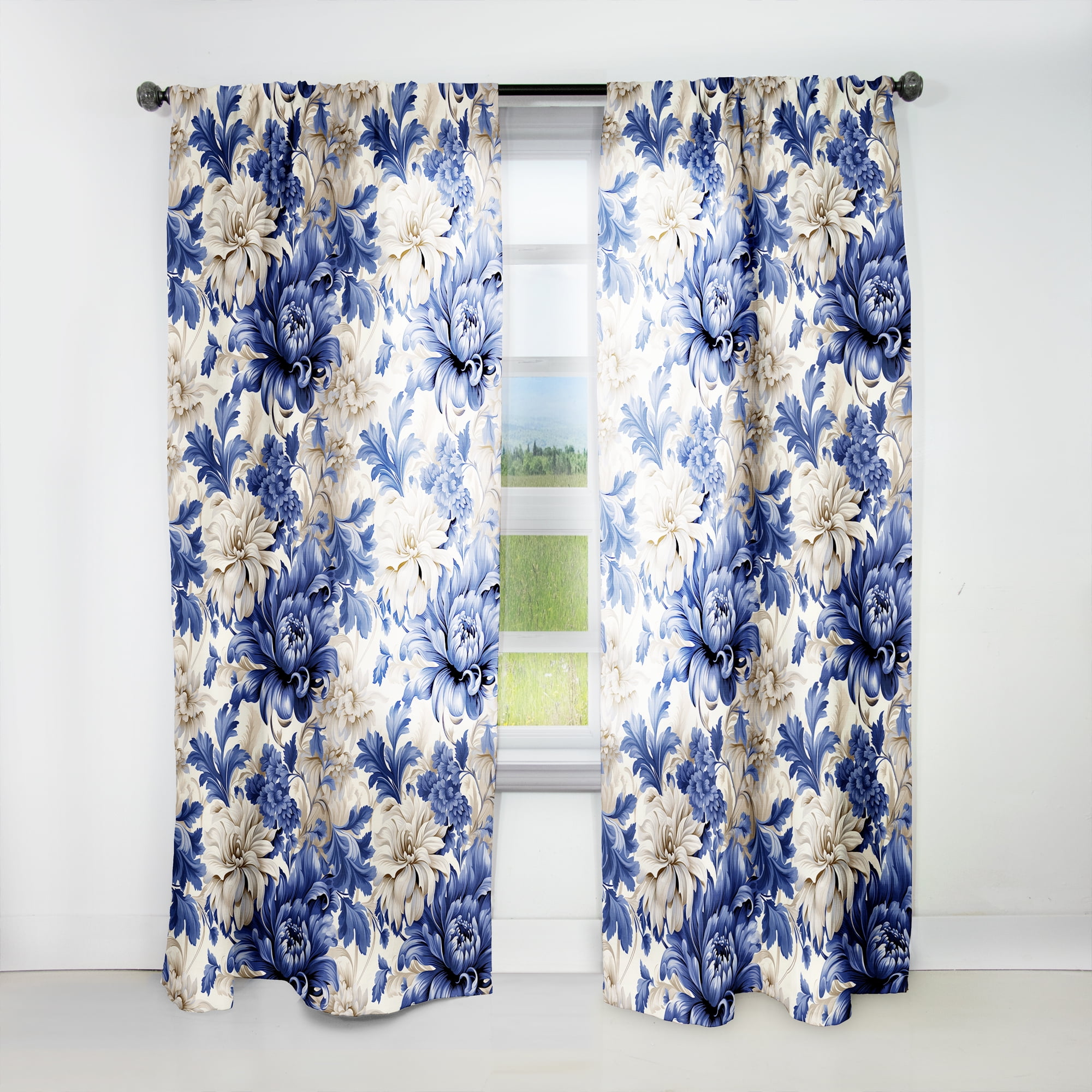 Designart "Victorian Brocade In Cobalt Blue VI" Floral Curtain Panels