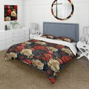 Designart "Victorian Opulence In Red Florals IV" Floral Bedding Covert Set - Cottage Bed Set With 2 Shams