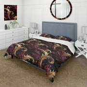 Designart "Victorian Scrollwork Opulence I" Red Damask Bedding Covert Set - Bohemian & Eclectic Bed Set With 2 Shams