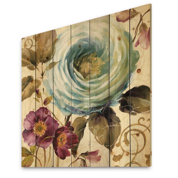 Designart 'Victorias Blue Cream Flower' Traditional Print on Natural Pine Wood
