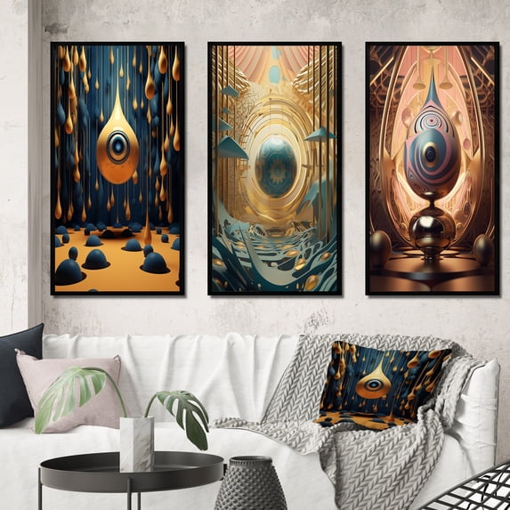 Designart "View Of The Era Retro Futuristic Simplicity IV" Abstract Landscape Framed Wall Art Set Of 3 - Blue Abstract Landscapes Frame Gallery Wall Set For Home Decor