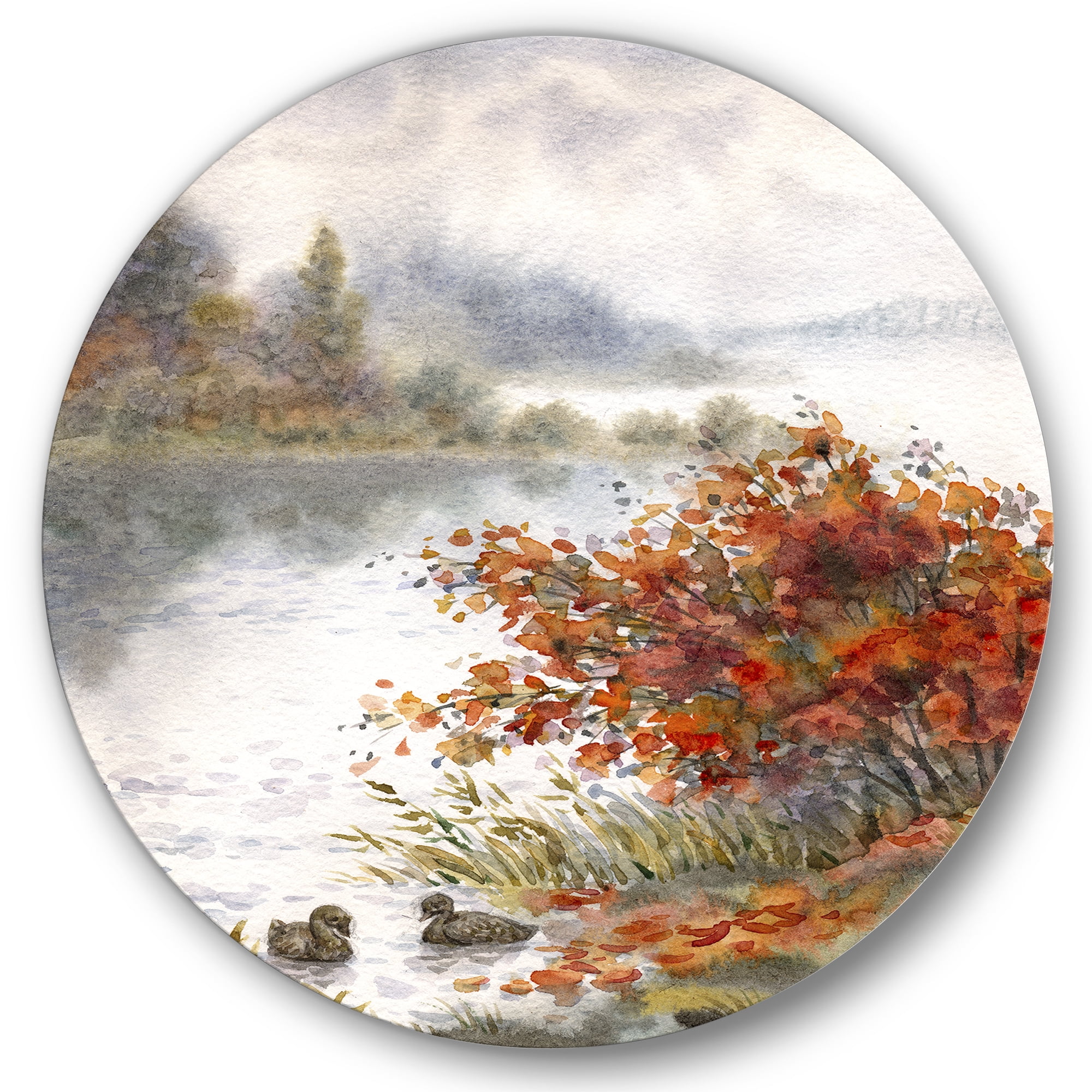 Designart 'View Of The Lake In Autumn Colored' Traditional Circle Metal Wall Art 36x36 - Disc of 36